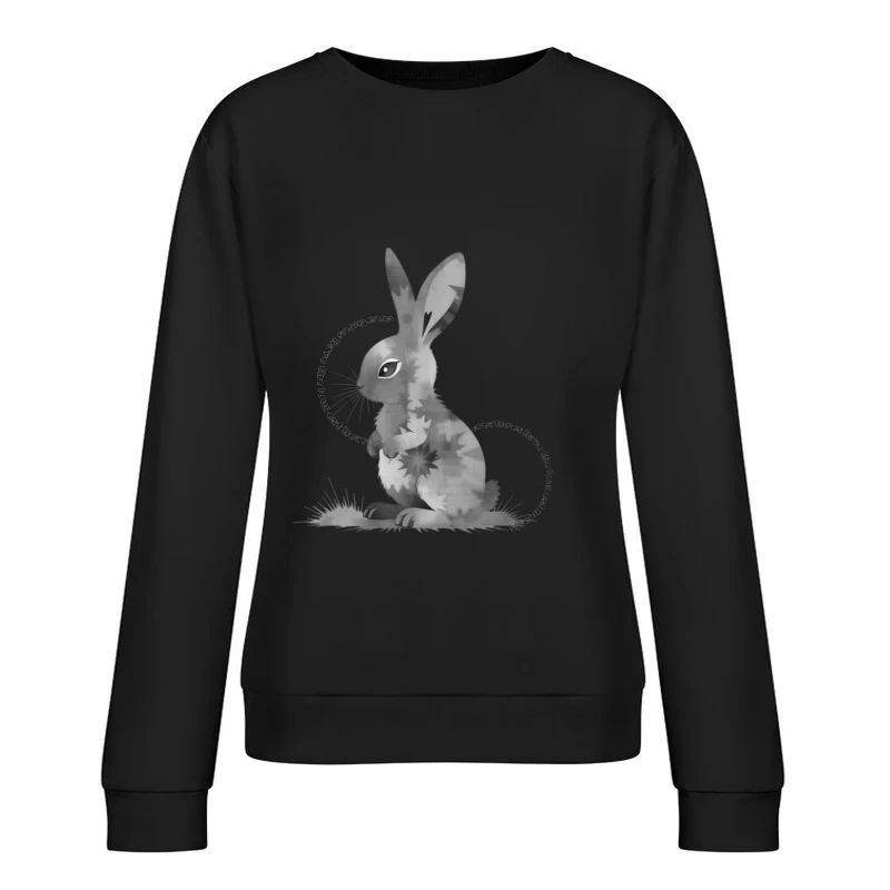 Grayscale Digital Art Illustration of a Sitting Rabbit Female Pullover Sweatshirt