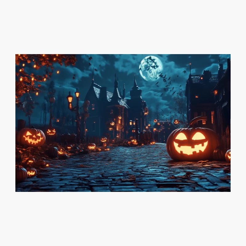 Eerie Halloween Night on Moonlit Cobblestone Street Travel Mug