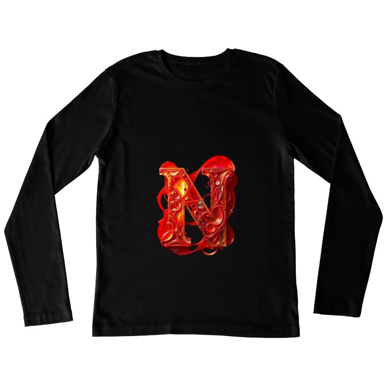 Abstract 3D Liquid Letter N in Vibrant Red Female Long Sleeve T-Shirt