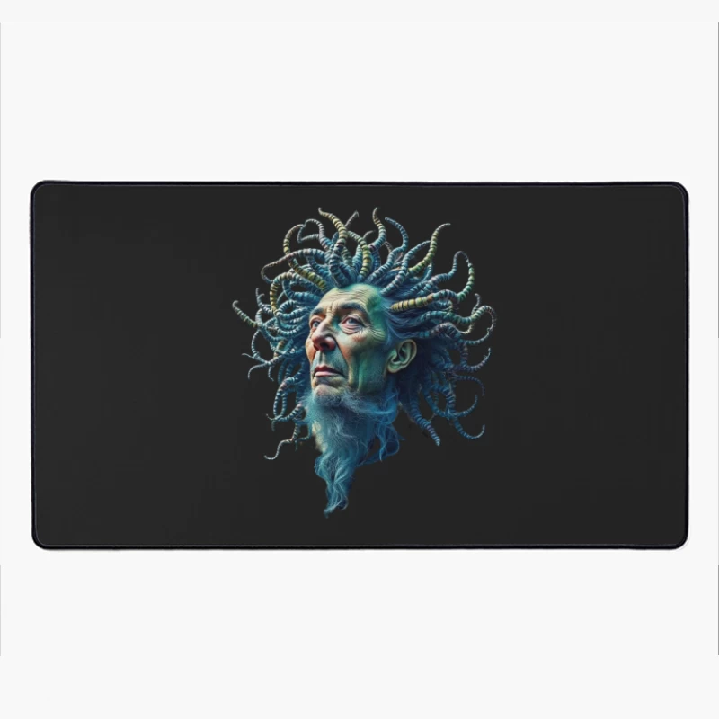 Surreal Medusa-Inspired Portrait with Blue Tentacles Desk Mat