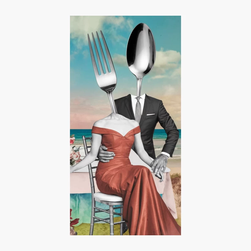 Surreal Beach Romance: Utensil-Headed Couple in Formal Attire iPhone Case