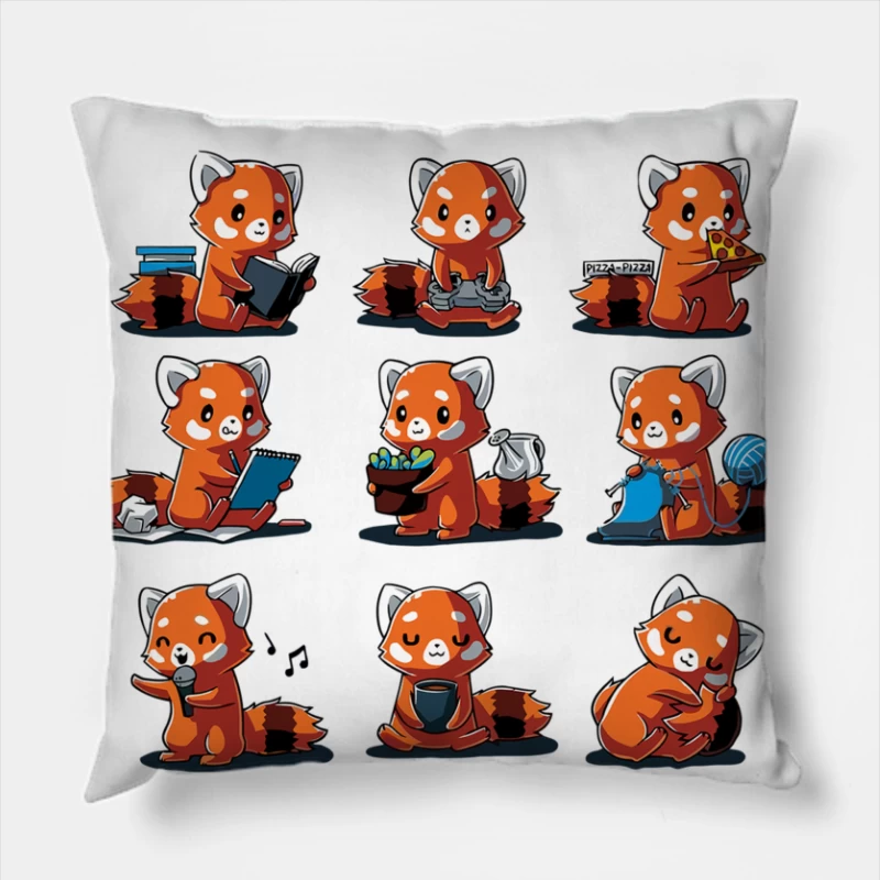 Adorable Red Panda's Daily Activities: From Reading to Napping Throw Pillow