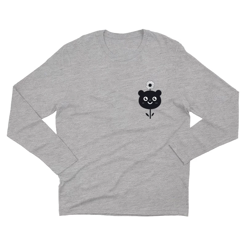 Cute Black Bear with Flower Minimalist Cartoon Illustration Male Long Sleeve T-Shirt