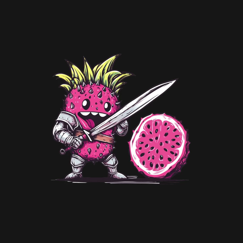 Cute Dragon Fruit Warrior with Sword and Armor Cartoon Illustration Male Long Sleeve T-Shirt
