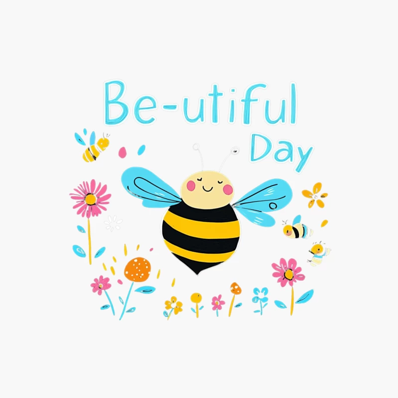 bee flowers illustration cute cheerful text nature cartoon Cotton Tote Bag
