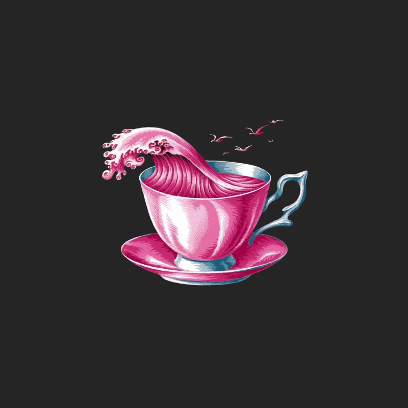 Surreal Pink Ocean Wave in Teacup Illustration Male Pullover Sweatshirt
