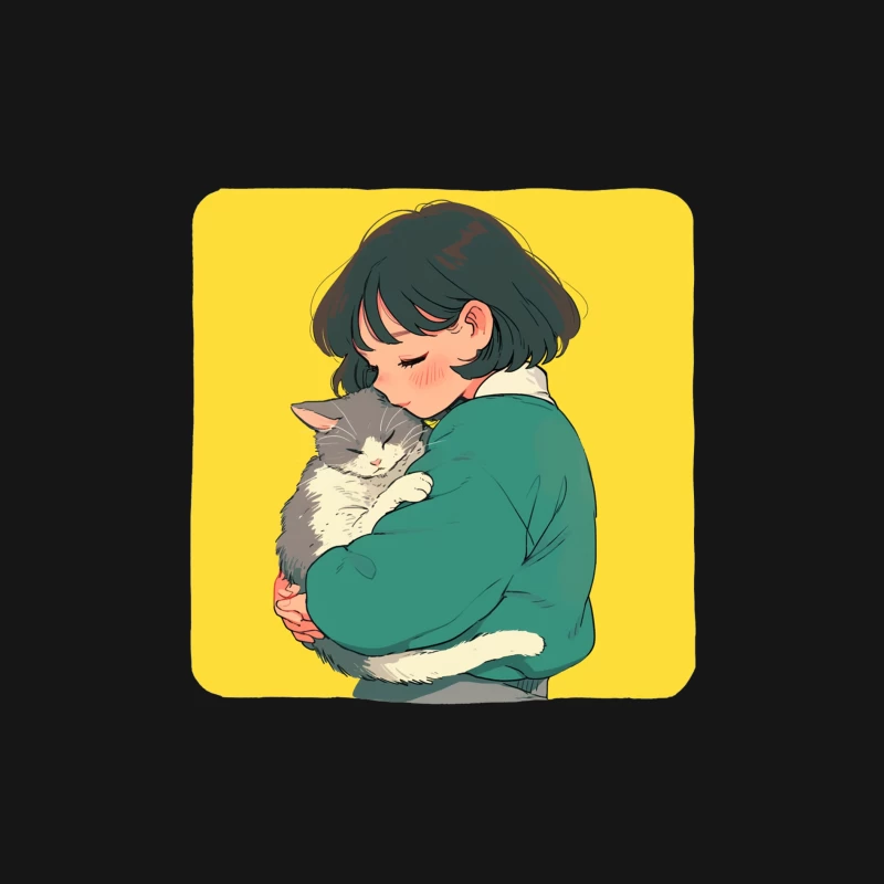 Gentle Embrace: Girl in Green Cuddling Gray Cat Female Long Sleeve T-Shirt