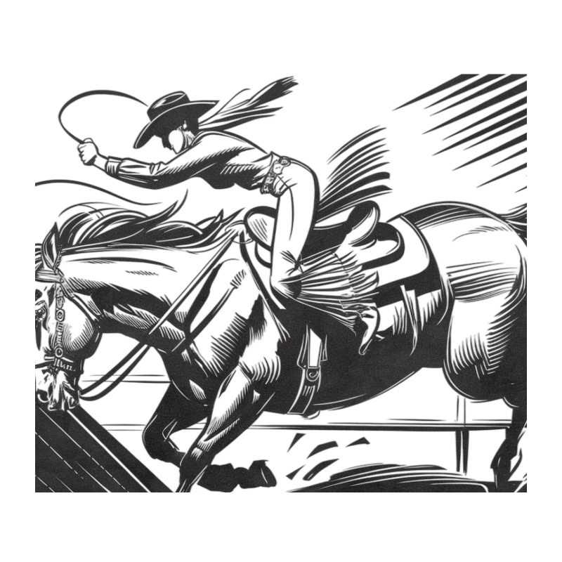 Dynamic Rodeo Cowboy in Black and White Tapestry