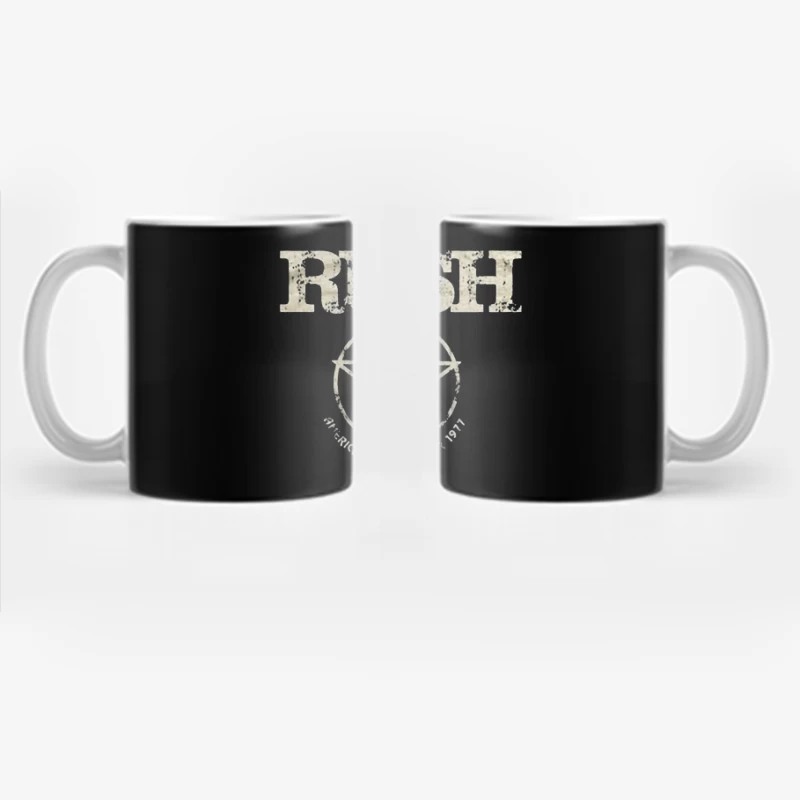 Rush Band Vintage Logo with Pentagram Star Design Coffee Mug