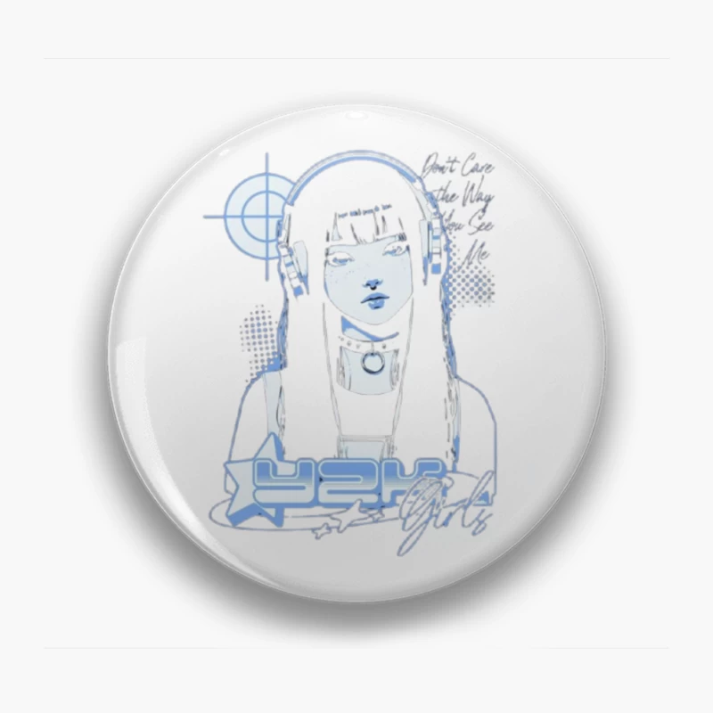 Blue Monochrome Gothic Anime Girl with Headphones Pin