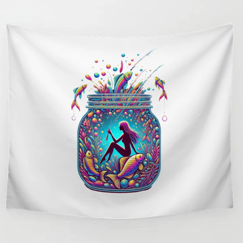 Magical Mermaid in Enchanted Mason Jar with Rainbow Fish Tapestry