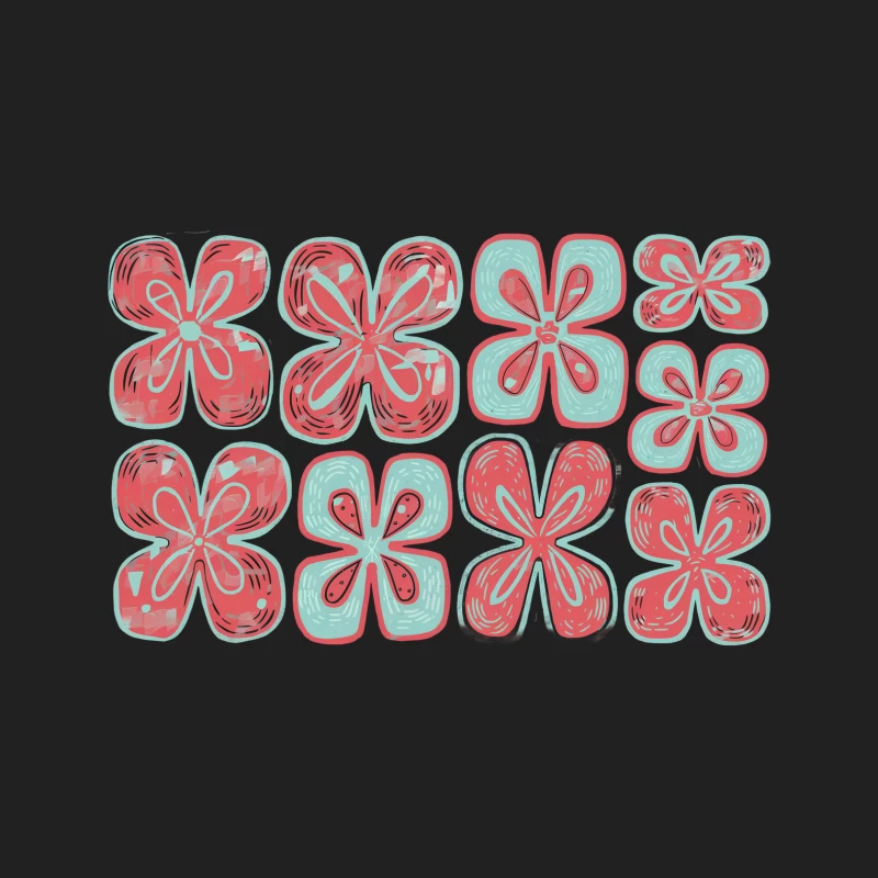 Retro Floral Pattern: Abstract Red and Teal Flower Motif Bucket Hat