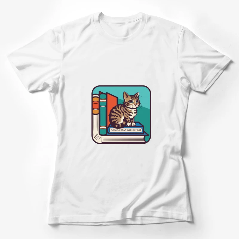 Vintage Style Illustration of Cat with Books Reading Companion Female T-Shirt