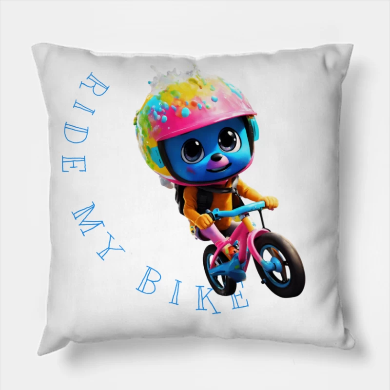 Cute Blue Animated Character Riding Colorful Bike with Safety Helmet Throw Pillow