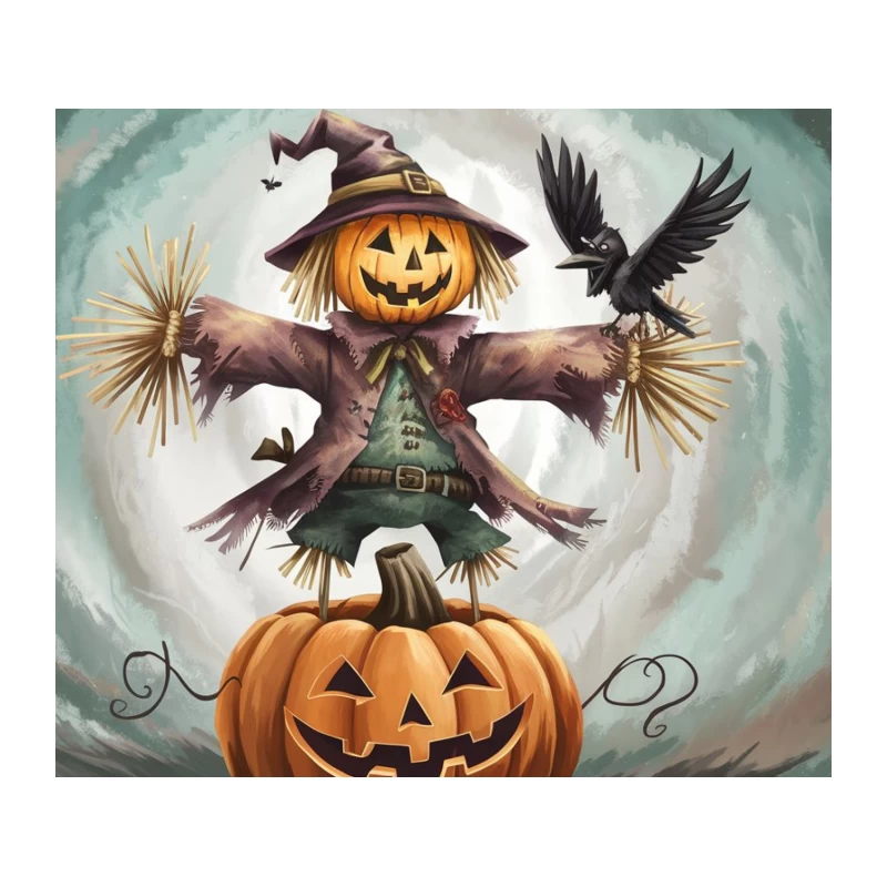 Spooky Halloween Scarecrow with Pumpkin and Crow Tapestry