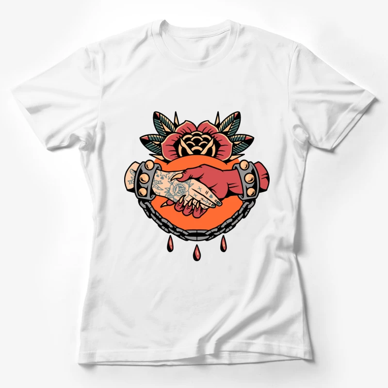 Symbolic Handshake Artwork with Floral and Chain Elements Female T-Shirt