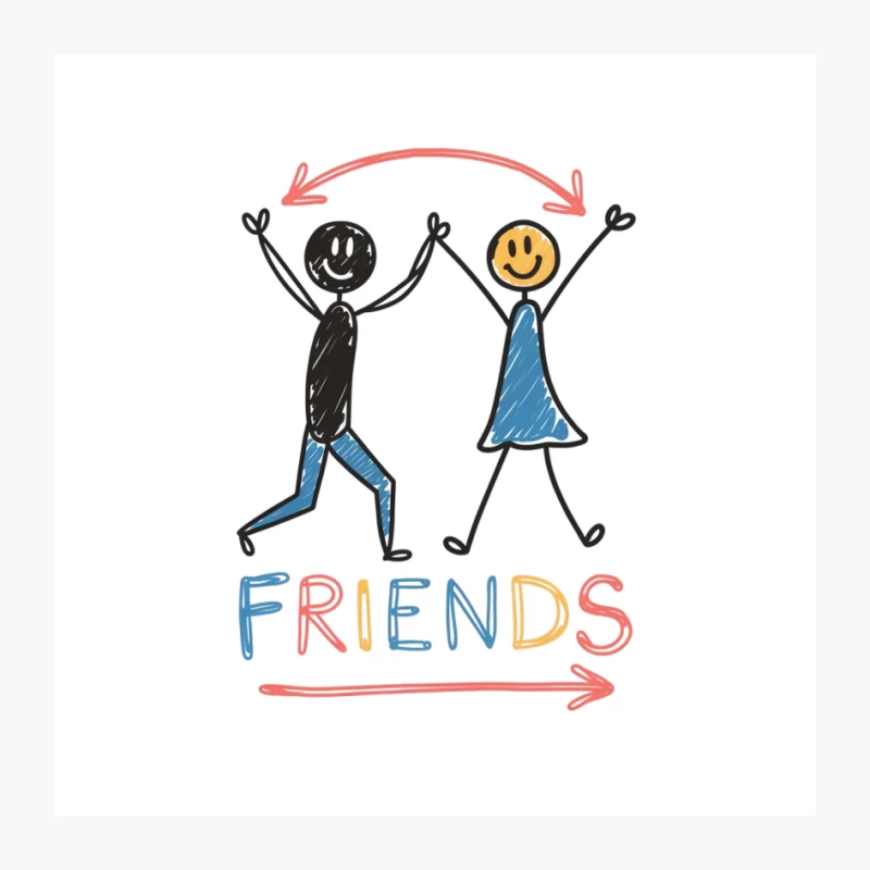 Cheerful Stick Figure Friends: A Colorful Hand-Drawn Illustration Pin