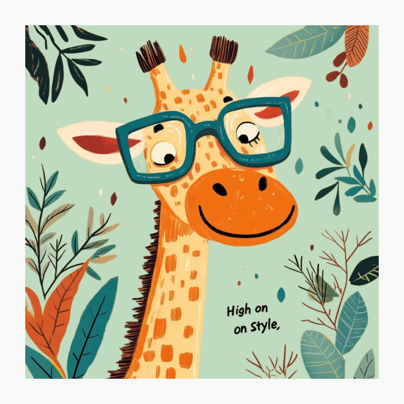 Stylish Giraffe in Glasses: Cute Cartoon Illustration with Colorful Leaves Pin