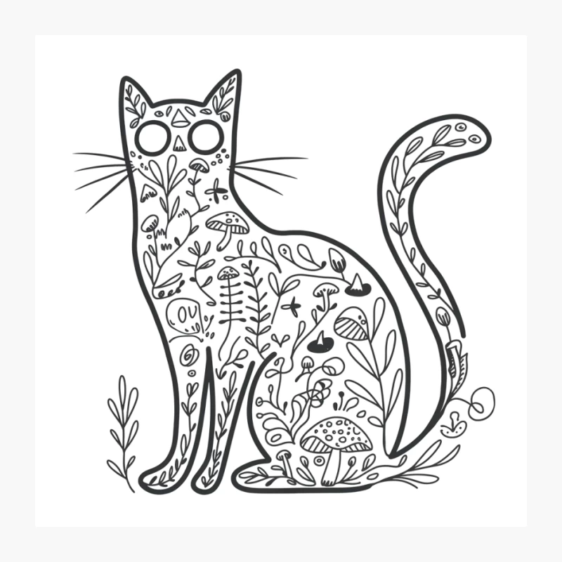Whimsical Cat Illustration with Nature-Inspired Patterns Pin