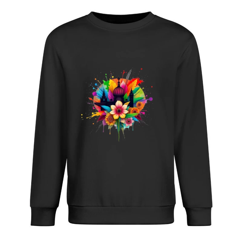 Vibrant Cathedral Silhouette with Rainbow Floral Splash Male Pullover Sweatshirt