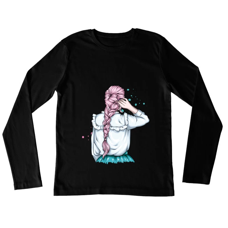 Whimsical Illustration of a Girl with Pink Hair in a Braid Female Long Sleeve T-Shirt