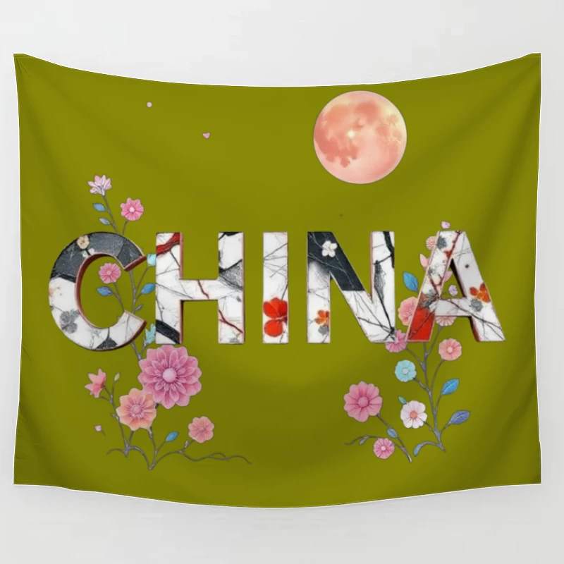 Floral Chinese Typography with Pink Moon and Cherry Blossoms Tapestry