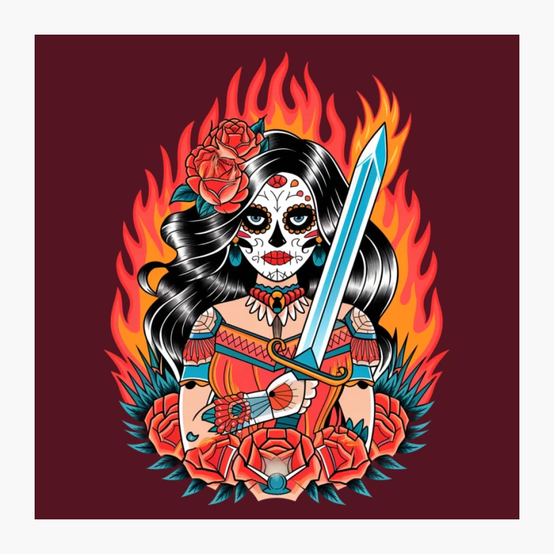 Traditional Day of the Dead Warrior with Sword and Roses in Flames Pin
