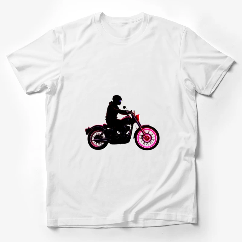 Silhouetted Motorcycle Rider with Neon Red Accents Male T-Shirt