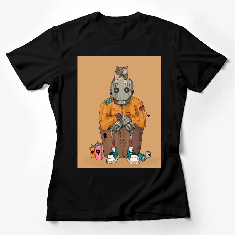 Urban Robot with Cat in Street Art Style Female T-Shirt