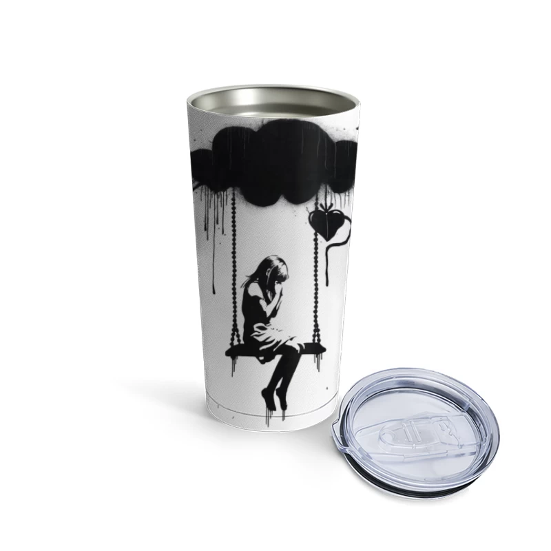 Lonely Silhouette on Rainy Cloud Swing: A Graffiti-Style Depression Metaphor Travel Mug