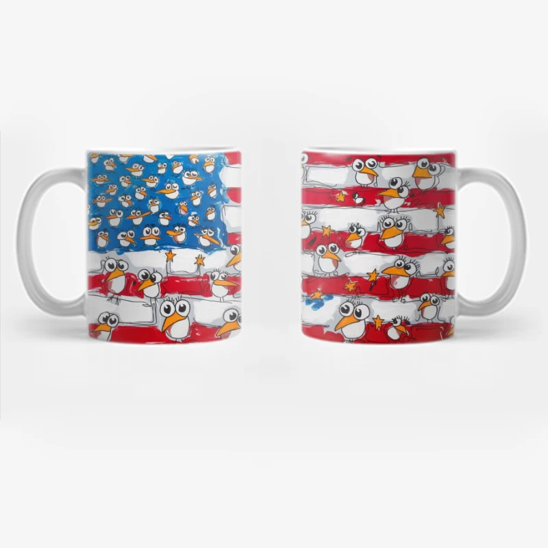 Whimsical Cartoon Birds on American Flag Illustration Coffee Mug