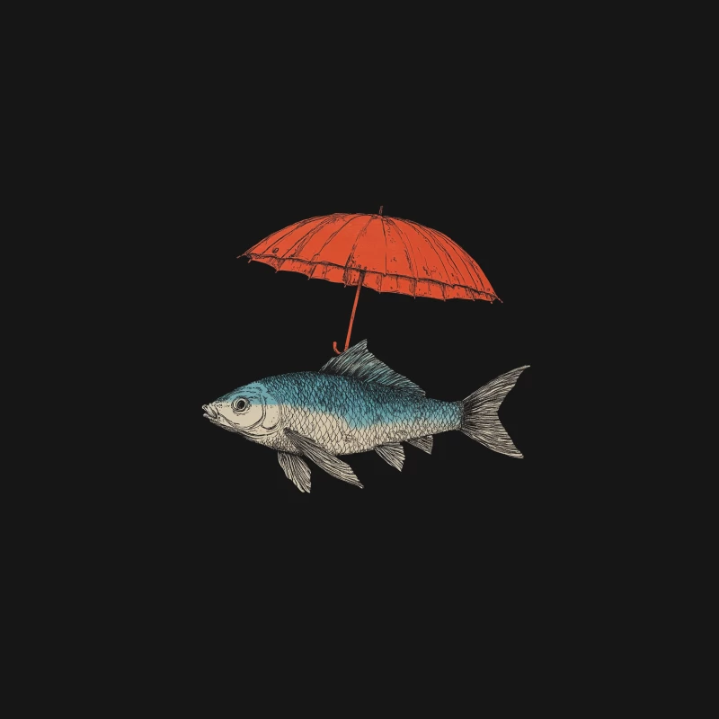 Whimsical Illustration of Fish Under Red Umbrella Desk Mat