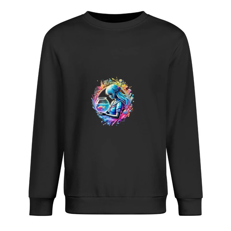 Dreamy Anime-Style Portrait with Goldfish and Urban Fantasy Background Male Pullover Sweatshirt