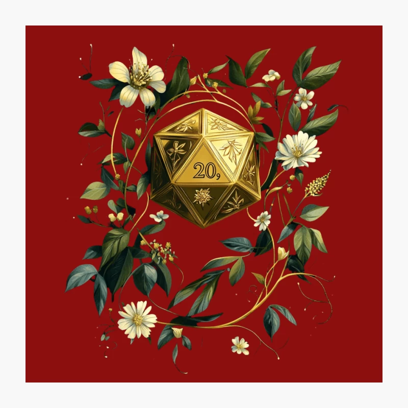 Botanical D20: Golden Fantasy Dice Amidst Floral Elegance Pin