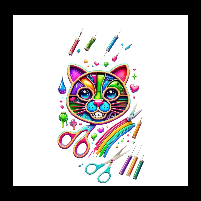 Rainbow Pop Art Cat with Creative Art Supplies Throw Pillow