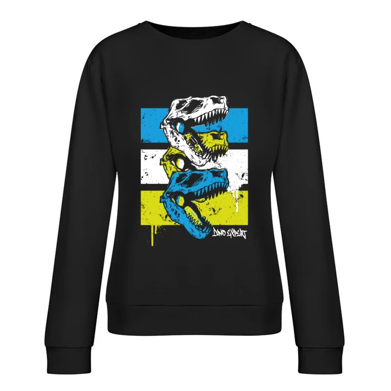 Layered T-Rex Skulls: Grunge Street Art Aesthetic Female Pullover Sweatshirt