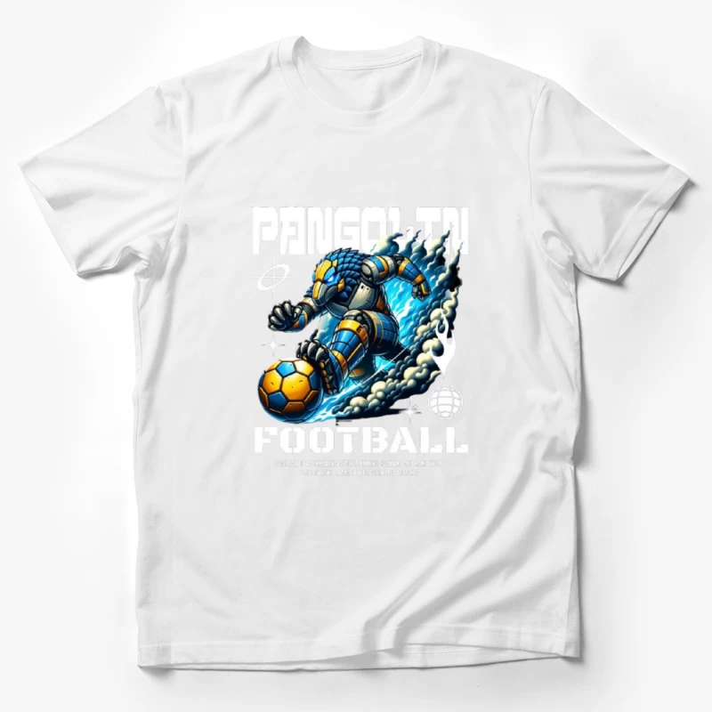 Robotic Soccer Player with Blue Armor in Dynamic Motion Male T-Shirt