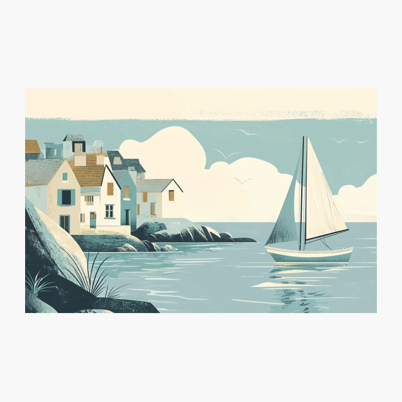 Tranquil Coastal Village with Sailboat: Illustrated Summer Seascape Travel Mug