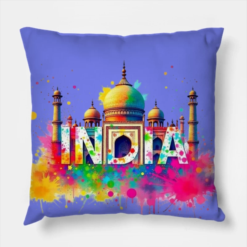 Vibrant Watercolor India Typography with Taj Mahal Silhouette Throw Pillow