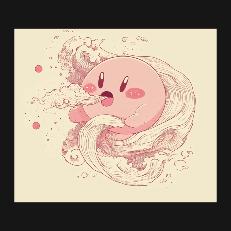 Cute Pink Kirby Surfing Waves Illustration Mouse Pad