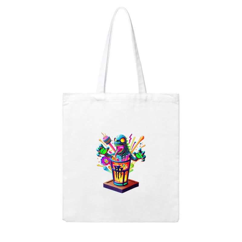 Psychedelic Monster Bursting from Colorful Drink Cup Cotton Tote Bag