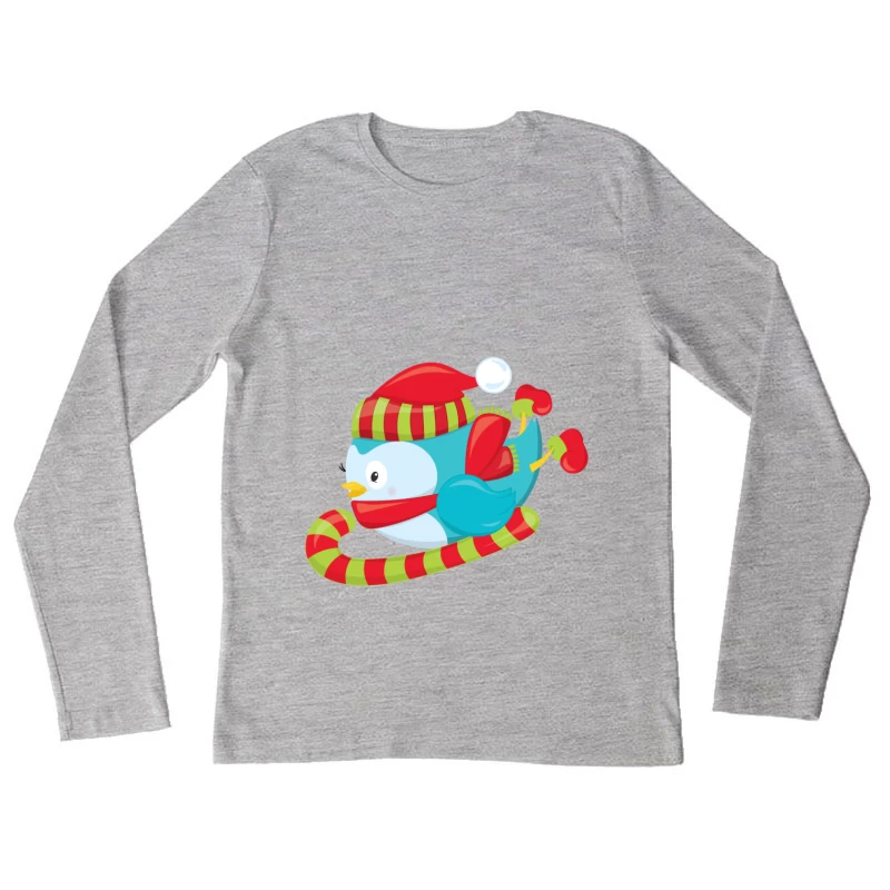 Oiseau mignon en hiver avec bonnet et écharpe Femme Manches Longues T-Shirt