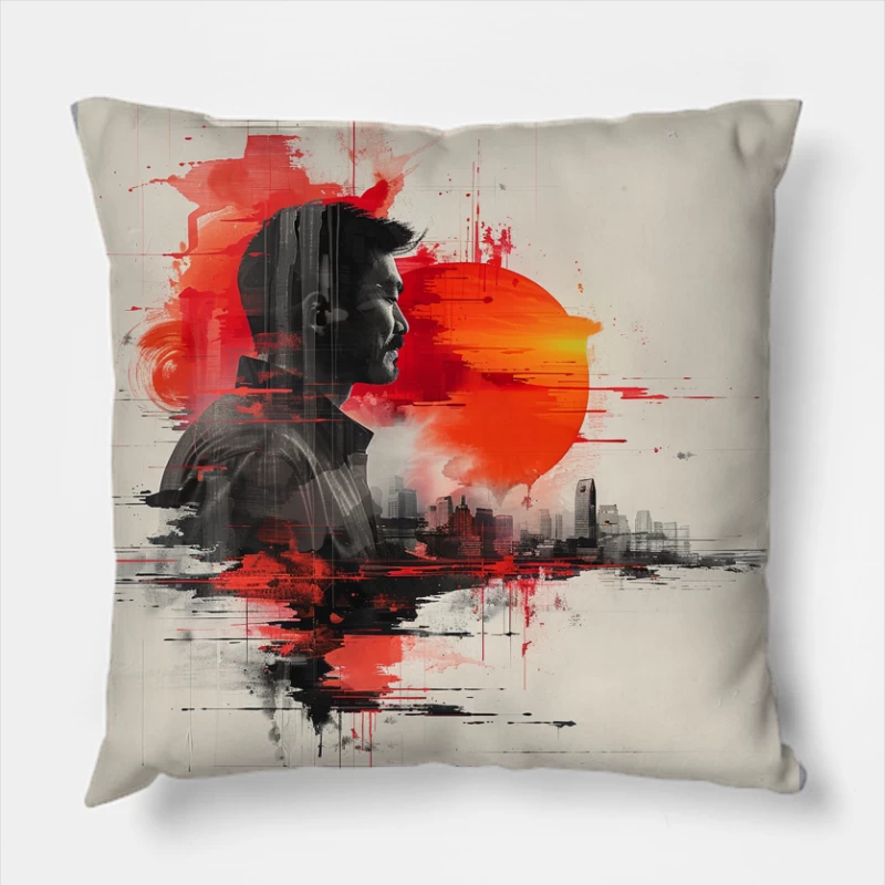 Urban Silhouette in Crimson Sunset Throw Pillow