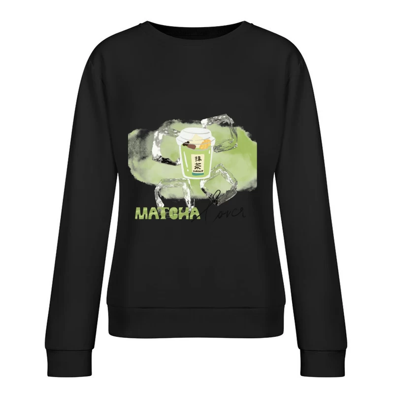 Cute Matcha Latte Cartoon in Glass Cup Female Pullover Sweatshirt