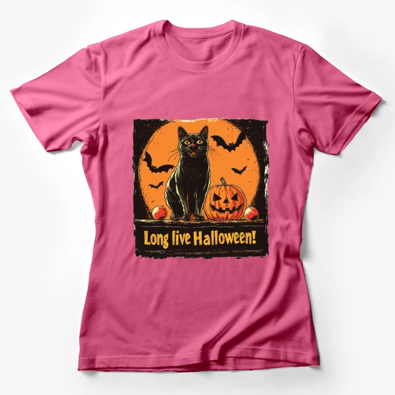 Vintage Halloween Illustration with Black Cat and Jack-o'-Lantern Female T-Shirt