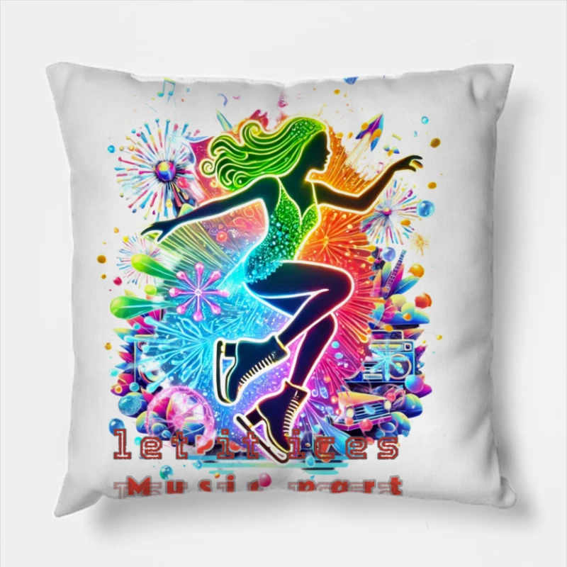 Neon ice skater girl Silhouette with Retro Music Vibes Throw Pillow