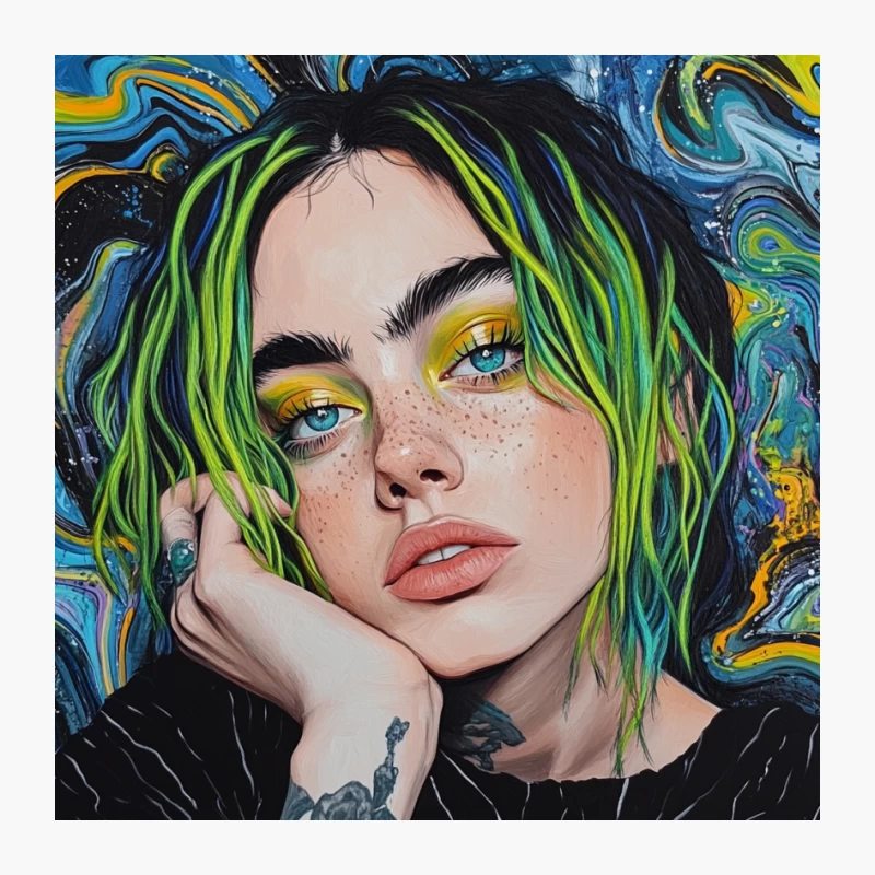 Vibrant Portrait with Green Hair and Surreal Background Pin