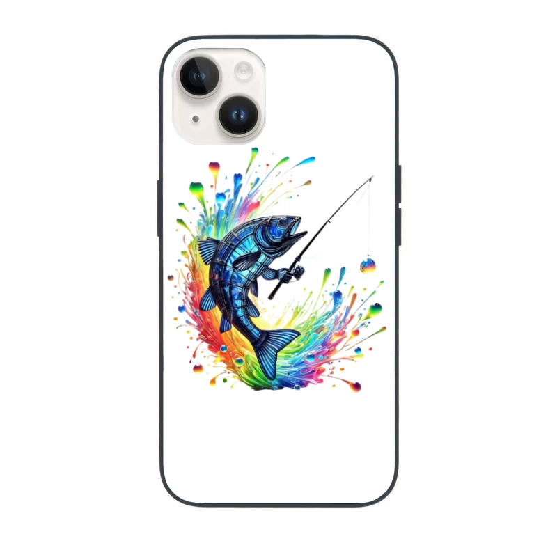 Rainbow Splatter Fish with Fishing Rod Art iPhone Case