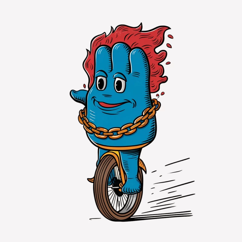 cartoon character blue creature unicycle red hair gold chain anthropomorphic illustration quirky Male T-Shirt