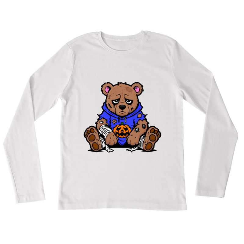 Sad Injured Teddy Bear in Blue Hoodie with Halloween Pumpkin Female Long Sleeve T-Shirt